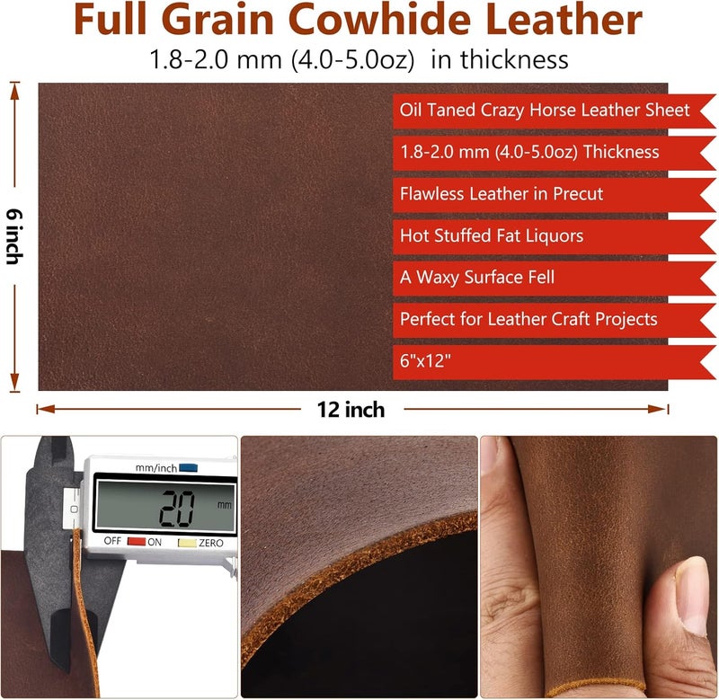 TeeLiy Genuine Leather Tooling Sheets 1.8-2.0MM Thick Full Grain Oil Tan Crazy Horse Cowhide Tooling Leather Sheets for Crafts Tooling Sewing Wallet Earring Hobby (Brown, 6"x12") - Image 2